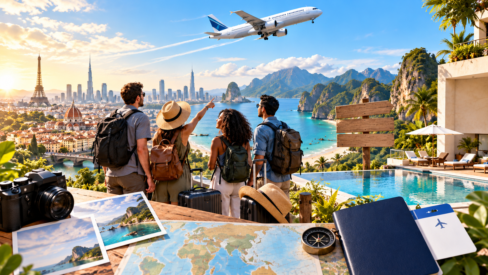 Travelers overlooking global city and coastal destinations with an airplane, luggage, passport, map and resort.